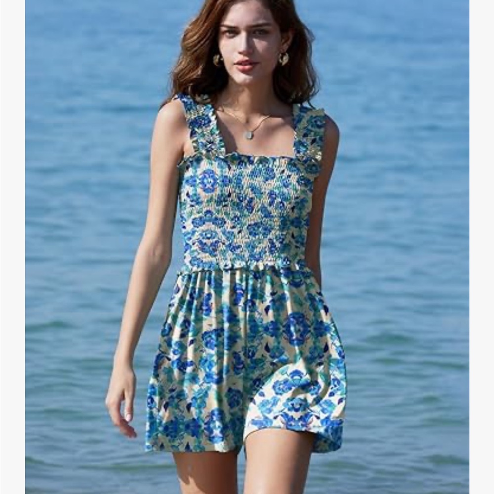 Blue Floral Smocked Romper - Sleeveless, smocked & flowy